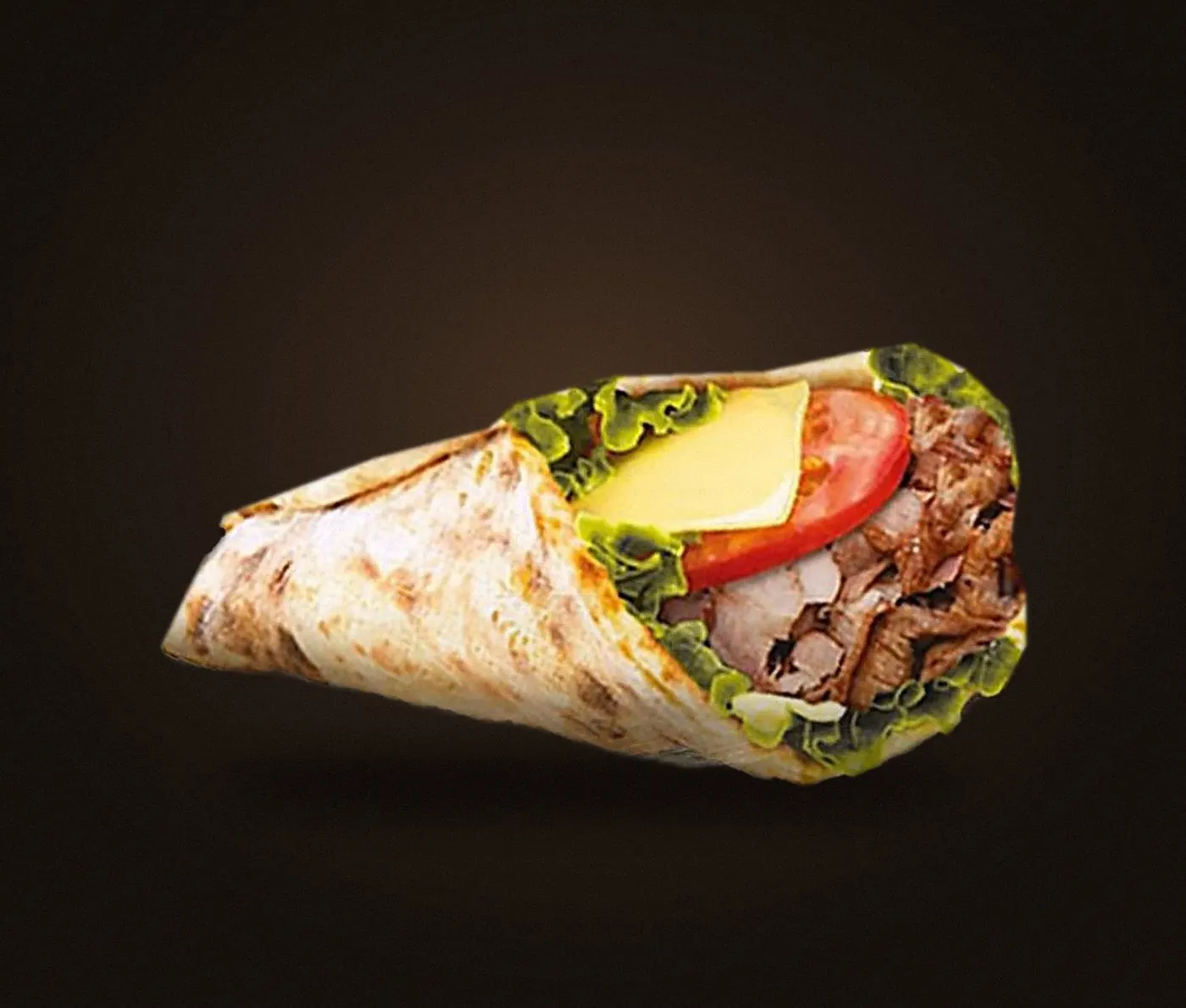 Sandwich Cheese Naan roulé : viande grillée, fromage fondant, tomate et salade